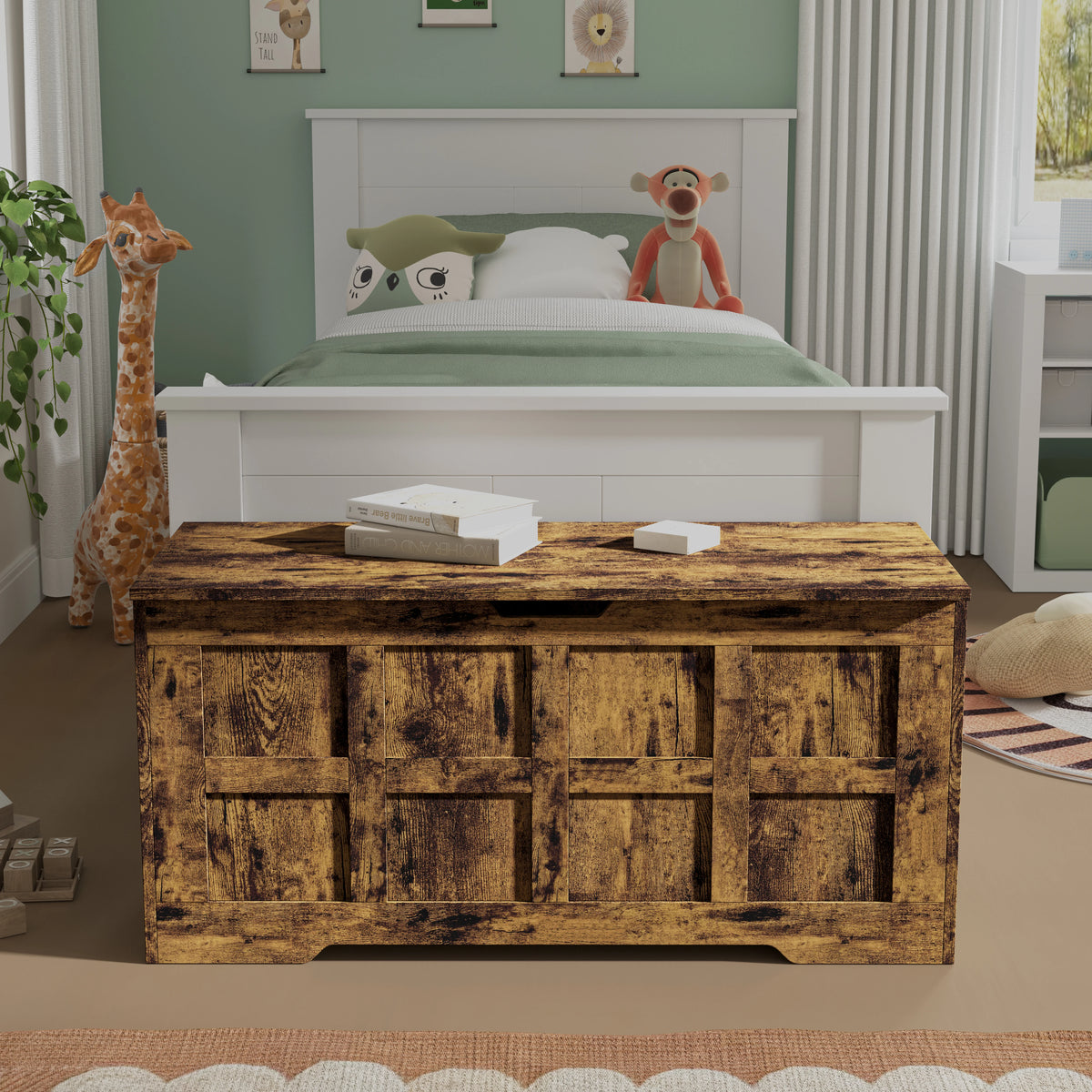 [Rustic] Wooden chest in a child's bedroom with a bed and stuffed animals in the background.