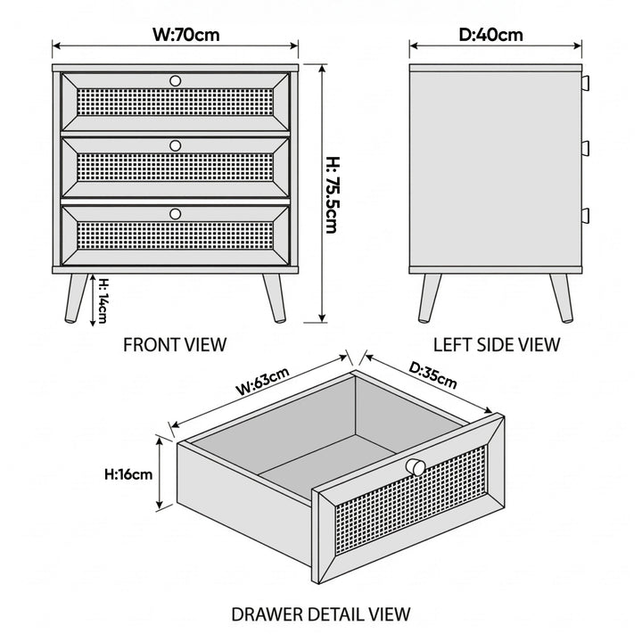 [White] Wovena chest dimension diagram showing 70cm width, 40cm depth, 75.5cm height and drawer interior measurements