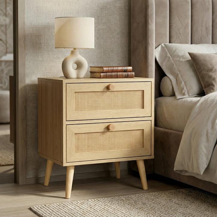 [Oak Effect] Oak Effect Wovena rattan bedroom furniture set bedside table with vase styled on top beside bedding