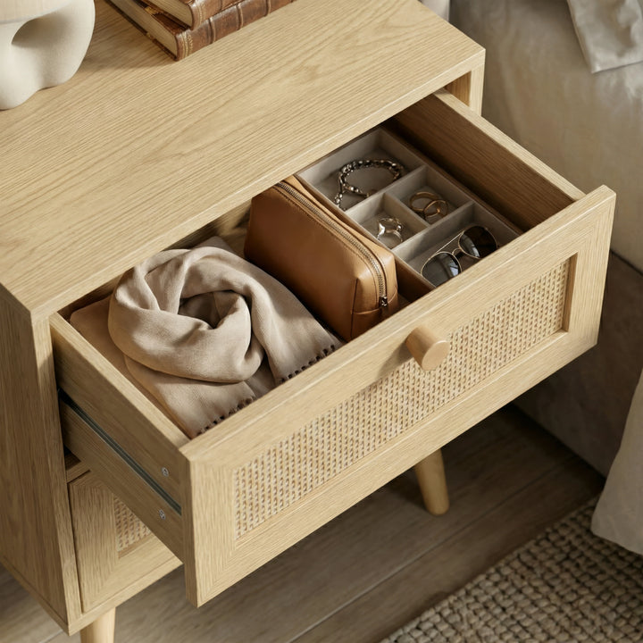[Oak Effect] Wovena rattan bedroom furniture set handle close-up showing cane weave texture and natural wood knob 
