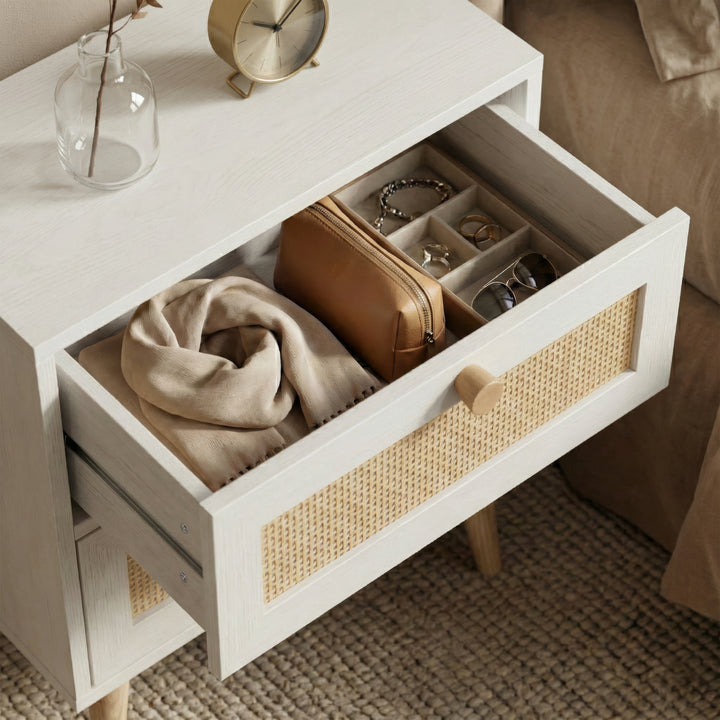 [White] Top drawer pulled out on Wovena rattan bedroom furniture set bedside with cane front, scarf and accessories