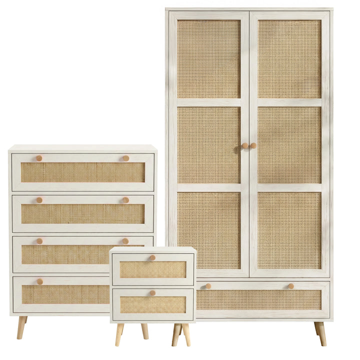 [White] Wovena rattan bedroom furniture set cutout: 2-door wardrobe, 4-drawer chest, 2-drawer bedside on white