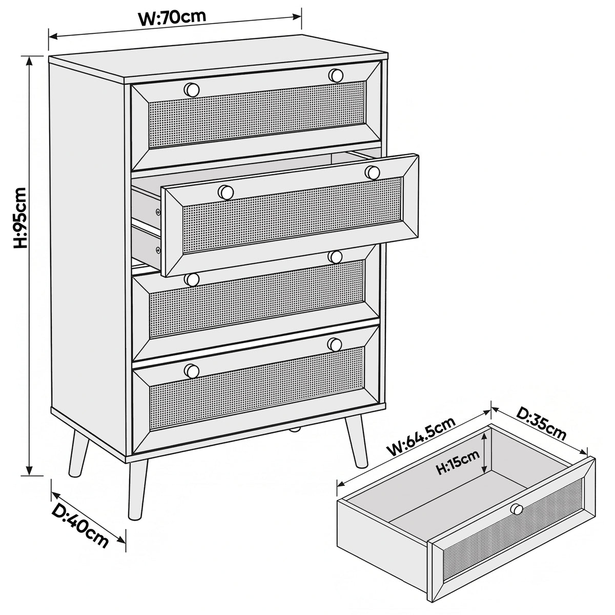 [Black] Wovena chest of 4 drawer dimensions showing W:70cm, H:95cm, D:40cm overall and drawer interior measurements