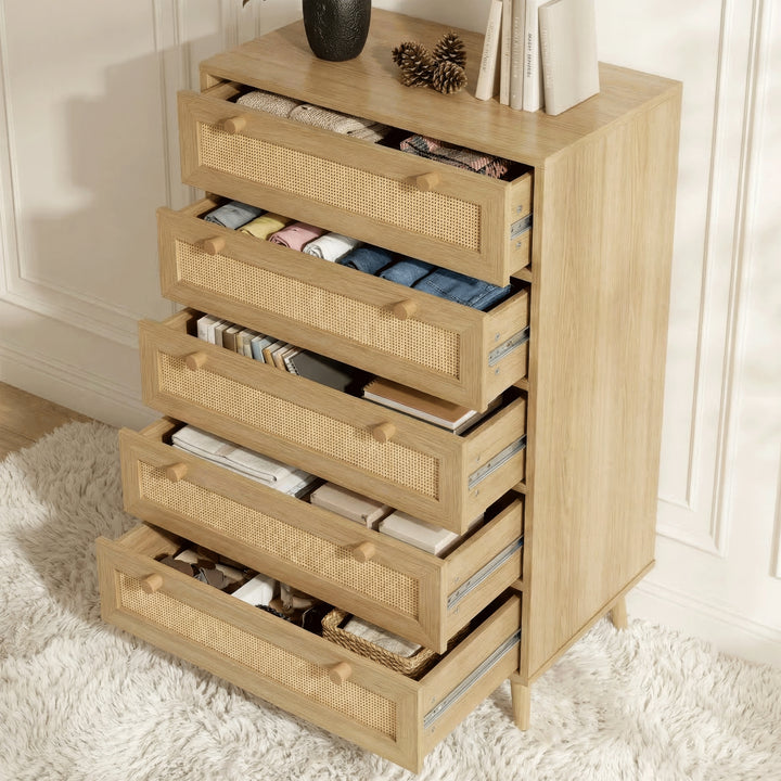 [Oak Effect] Five rattan drawers of Wovena chest open at once exposing colour-blocked folded items and storage depth