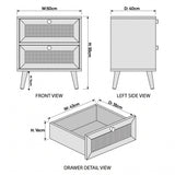 [Black] Wovena rattan bedside dimension diagram: front W 50 cm H 55 cm, side D 40 cm, drawer W 43 D 35 H 16 cm