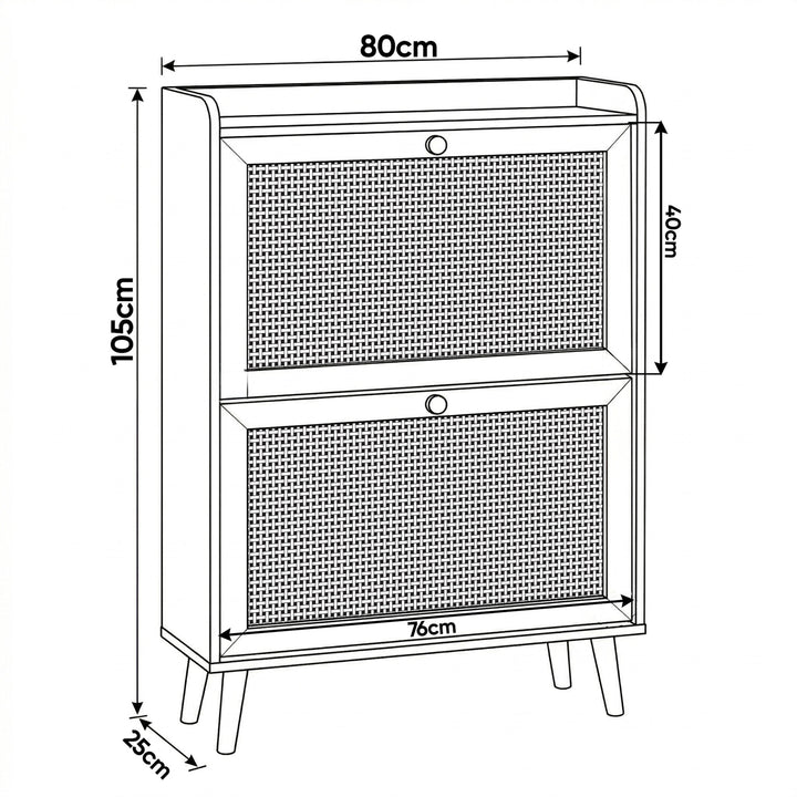 [Black] Dimensions schematic of Wovena rattan shoe cabinet, 80x25x105cm with 40cm tall flip drawer space