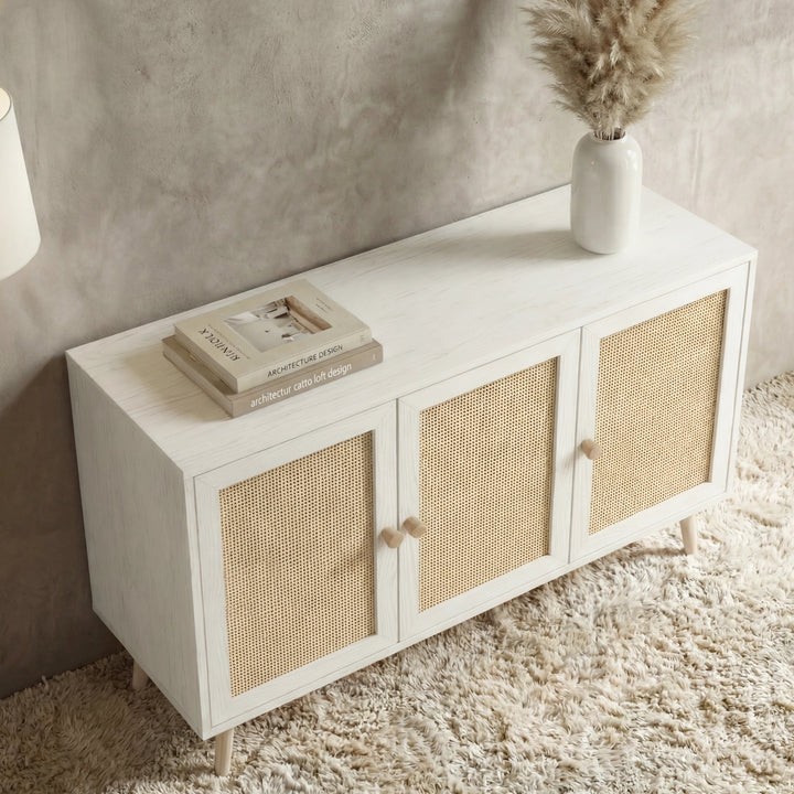 [White] Wovena Rattan 3 Door Sideboard - Adjustable Shelf White high-angle look showcasing its light wood-effect top surface.