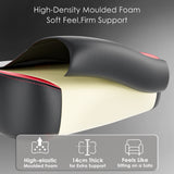 [Black + Red] Cross-section of Xstriker Gaming Chair seat showing high-density moulded foam with soft black and red leather cover for ergonomic comfort.