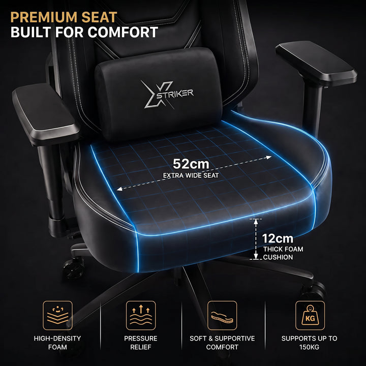 [Black] Xstriker High Back Ergonomic Gaming Chair graphic showing its 52cm wide seat and 12cm thick cushion.