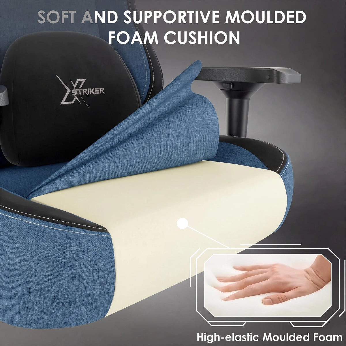 [Blue] Xstriker ergonomic home office chair with soft moulded foam cushion for superior comfort and support during long gaming or work sessions.