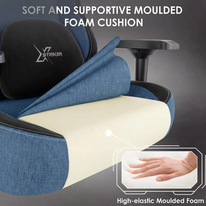 [Blue] Xstriker ergonomic home office chair with soft moulded foam cushion for superior comfort and support during long gaming or work sessions.