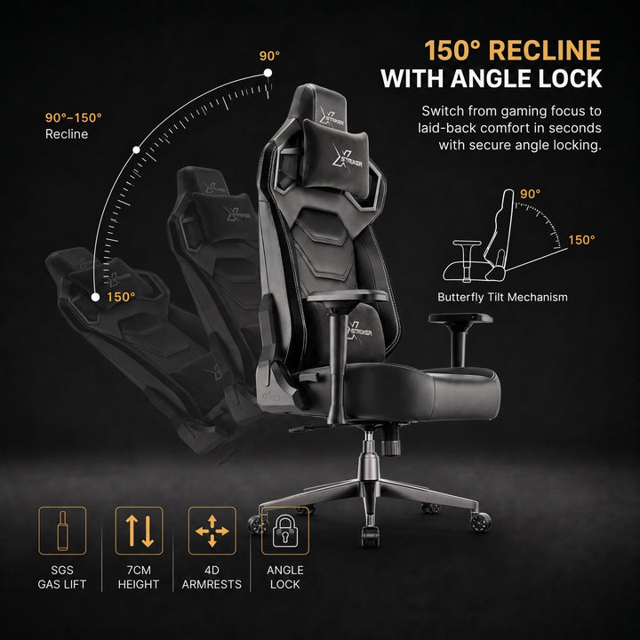 [Black] gaming chair shown on a dark background with feature callouts including 150° recline with angle lock, tilt mechanism, 365 gas lift, 7 cm height, 4D armrests, and angle lock.