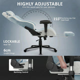 [Blue] Xstriker Velvet Gaming Chair with Footrest reclines to 155° with lockable tilt, adjustable armrests, and 6cm seat height range for ergonomic comfort.