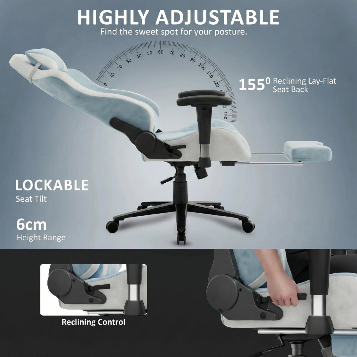 [Blue] Xstriker Velvet Gaming Chair with Footrest reclines to 155° with lockable tilt, adjustable armrests, and 6cm seat height range for ergonomic comfort.