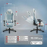 [Blue] Xstriker Velvet Gaming Chair with Footrest in grey and white, featuring 90-155° recline, adjustable height, and ergonomic design with memory foam.