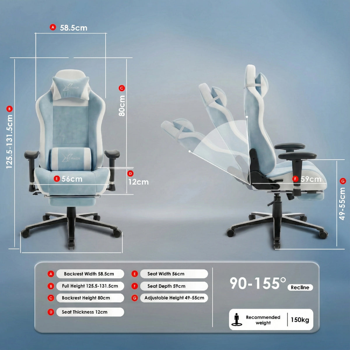 [Blue] Xstriker Velvet Gaming Chair with Footrest in grey and white, featuring 90-155° recline, adjustable height, and ergonomic design with memory foam.