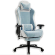 [Blue] Xstriker Velvet Gaming Chair with Footrest in light blue and white, featuring ergonomic design, adjustable armrests, and reclining backrest.