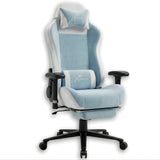 [Blue] Xstriker Velvet Gaming Chair with Footrest in light blue and white, featuring ergonomic design, adjustable armrests, and reclining backrest.