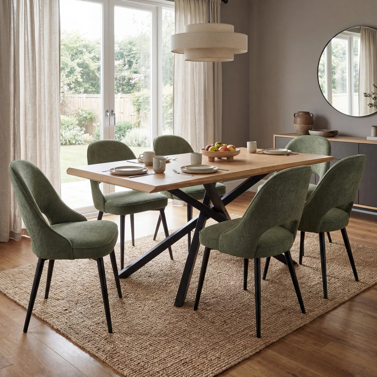 [6 Seater | Green] Xylon oak dining table with 6 green curve-back chairs and place settings on top