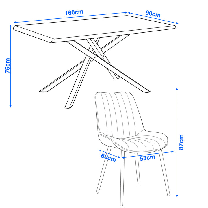 [4 Seater | Grey] Drawing of Xylon table 160x90x75cm and grey striped chair 60x53x87cm with black cross legs