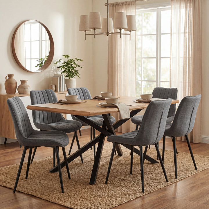 [6 Seater | Grey] Six grey Xylon chairs at oak table with black star base, round mirror on side wall