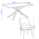 [4 Seater | Green] Xylon dining diagram: 160x90x75cm oak table with green curve-back chair sized 56.5x50x86cm