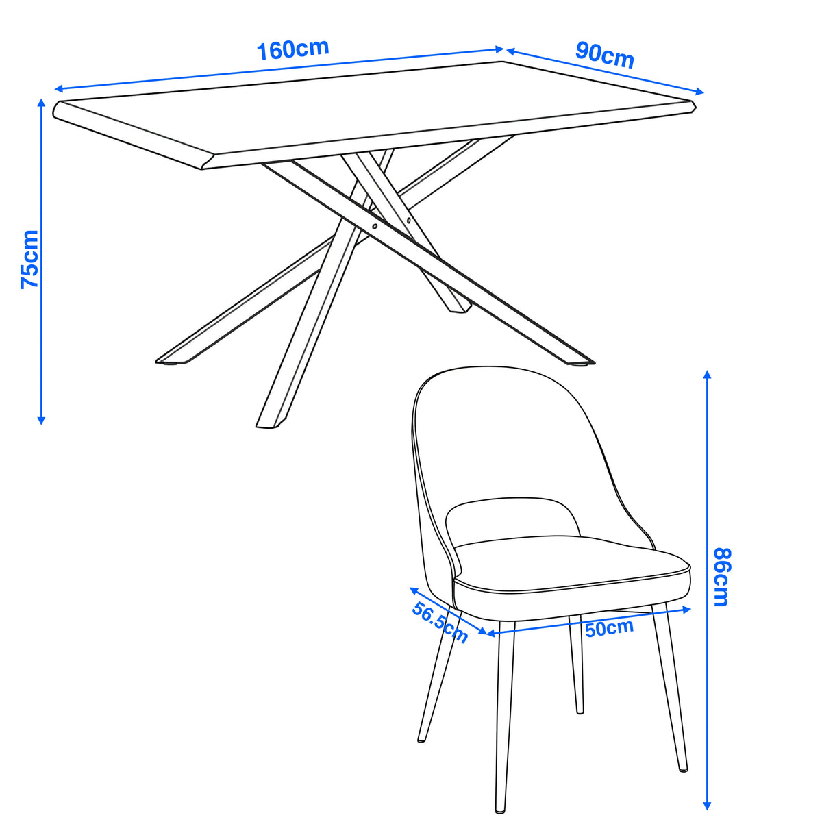 [4 Seater | Green] Xylon dining diagram: 160x90x75cm oak table with green curve-back chair sized 56.5x50x86cm