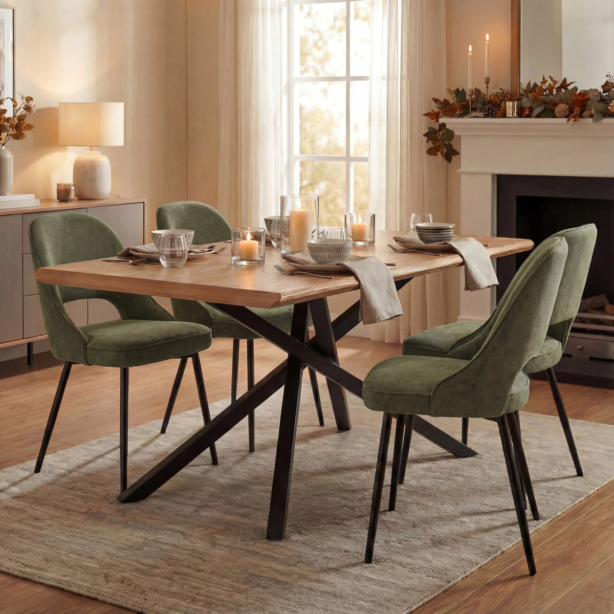 [4 Seater | Green] Xylon oak table with 4 green curve-back chairs, lit candles and pine garland on top