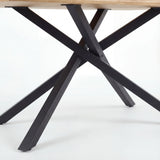 [4 Seater | Grey] Detail of Xylon dining table's black star base, four crossed metal legs supporting oak top