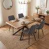 [4 Seater | Grey] Xylon oak dining table with 4 grey striped fabric chairs in a beige room with round mirror and jute rug