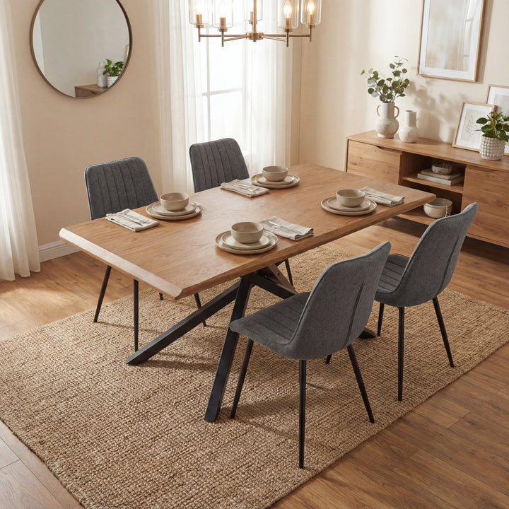 [4 Seater | Grey] Xylon oak dining table with 4 grey striped fabric chairs in a beige room with round mirror and jute rug