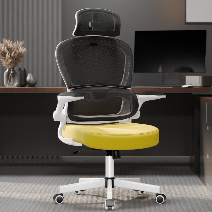 [Yellow + Black] Yellow and black office chair with flip-up arms and breathable mesh for better ventilation.