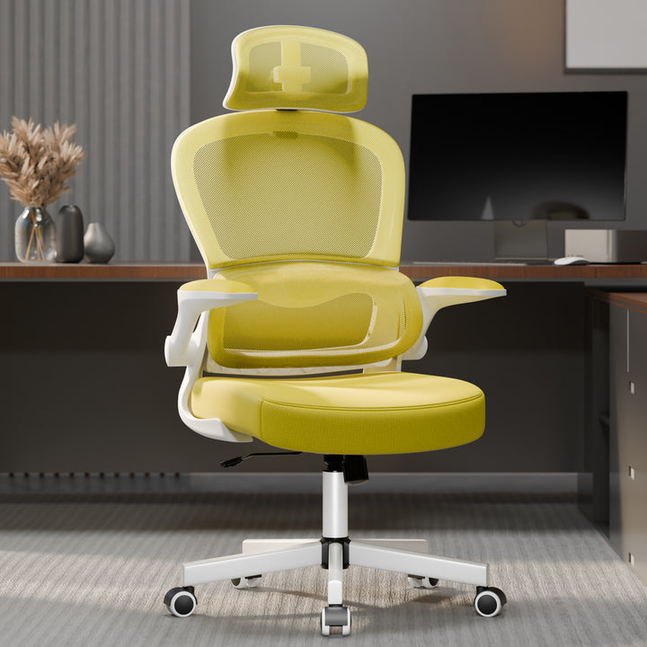[Yellow] Yellow mesh adjustable office chair with flip-up arms and breathable back for airflow.