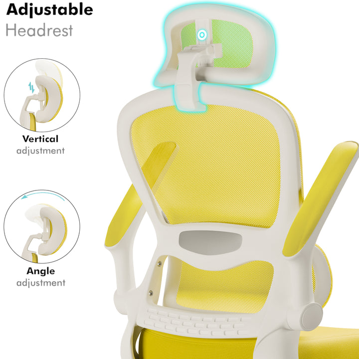 [Yellow] Yellow mesh office chair with adjustable headrest for vertical and angle positioning. Enhances neck support and ergonomic comfort.