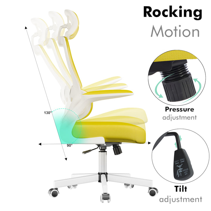 [Yellow] Yellow ergonomic desk chair with rocking motion and tilt adjustment. Features customizable pressure control for dynamic seating posture.