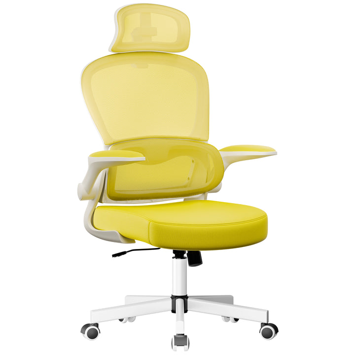 [Yellow] Bright yellow yellow office chair with ergonomic design, headrest, and padded armrests.
