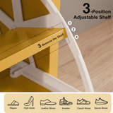 [Yellow] Shaker Shoe Cabinet shelf adjustment detail showing three positions and icons for heels sneakers slippers and sports shoes