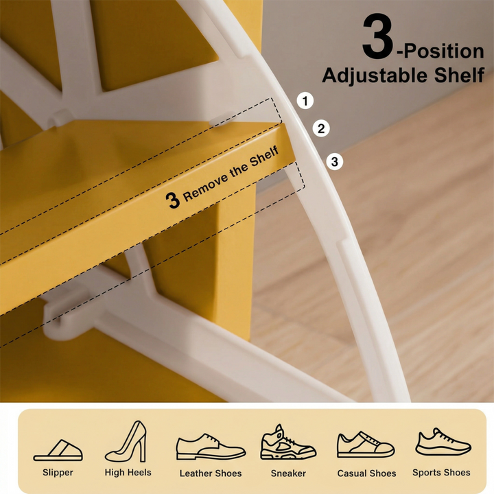 [Yellow] Shaker Shoe Cabinet shelf adjustment detail showing three positions and icons for heels sneakers slippers and sports shoes