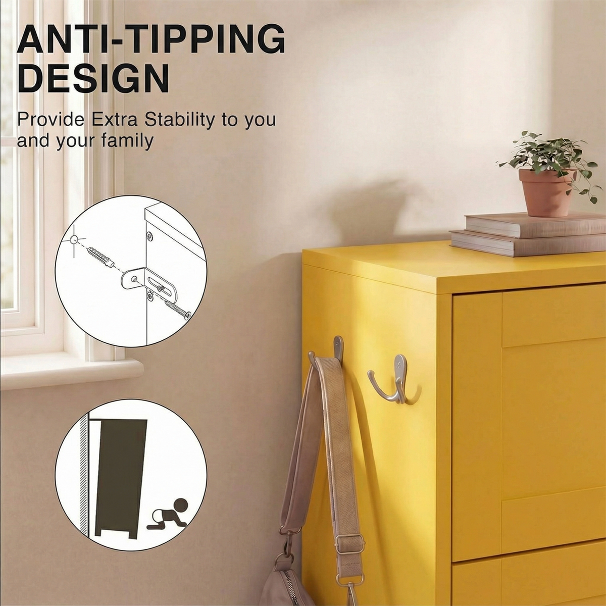 [Yellow] Shaker Shoe Cabinet anti-tipping wall anchor detail with side hooks and plant on top in a bright hallway setting