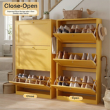 [Yellow] Shaker Shoe Cabinet close and open split view showing three flip-front doors and double-layer internal storage shelves