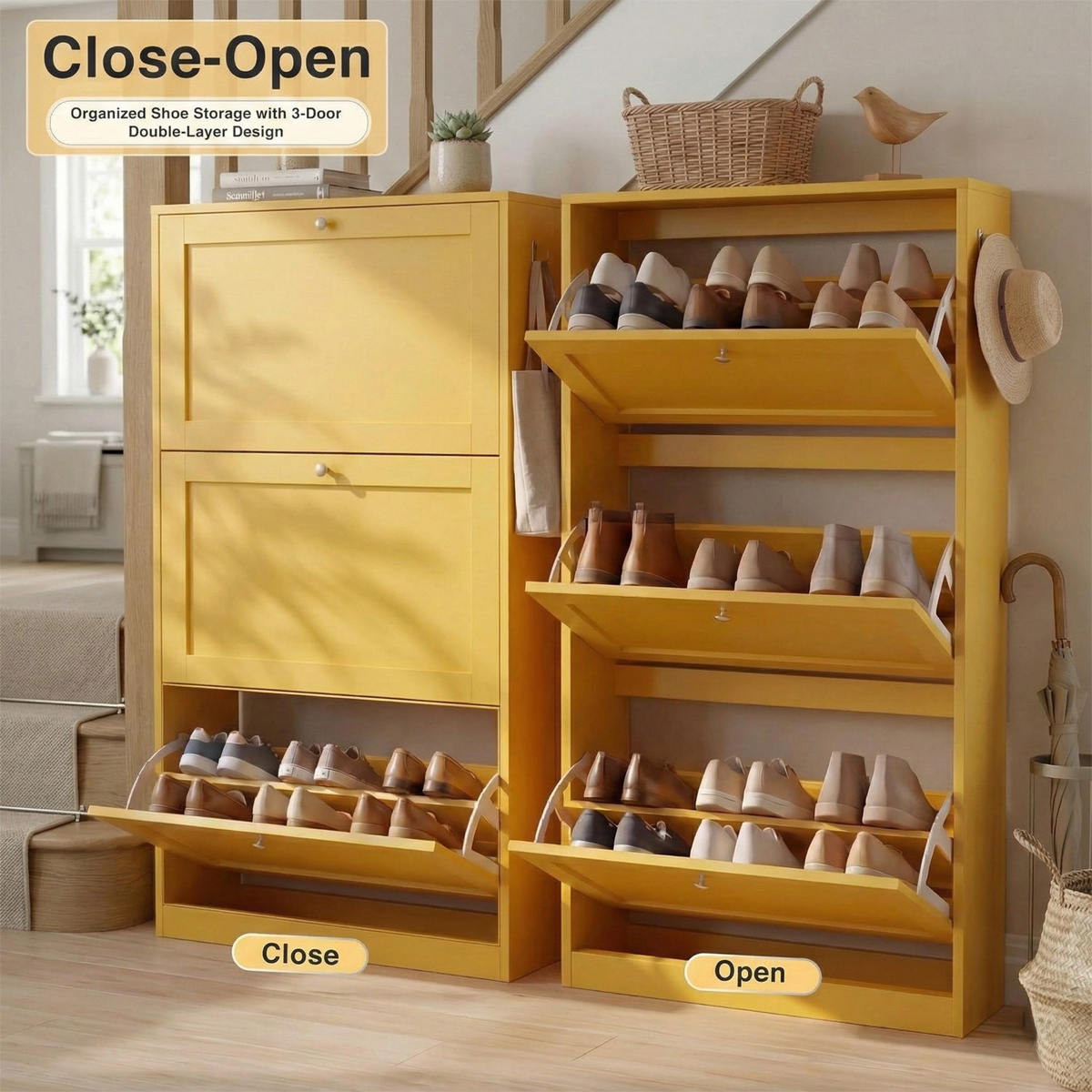 [Yellow] Shaker Shoe Cabinet close and open split view showing three flip-front doors and double-layer internal storage shelves
