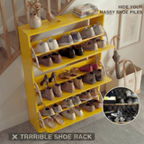 [Yellow] Shaker Shoe Cabinet open with tiered shelves holding multiple pairs of shoes across all three compartments