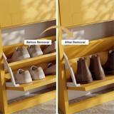 [Yellow] Shaker Shoe Cabinet compartment showing removable internal shelf before and after removal to fit taller ankle boots