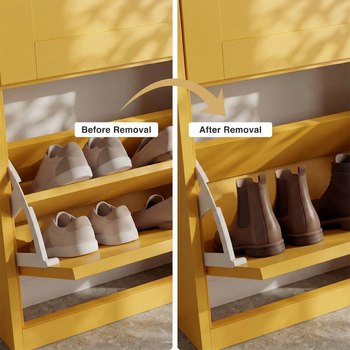 [Yellow] Shaker Shoe Cabinet compartment showing removable internal shelf before and after removal to fit taller ankle boots
